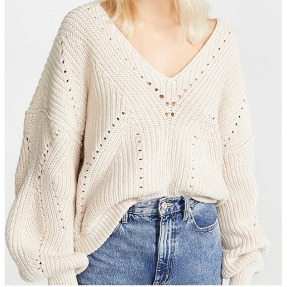 Free People SZ S All Day Long V Sweater Sand OB1059892 Chunky Fisherman - Picture 1 of 6